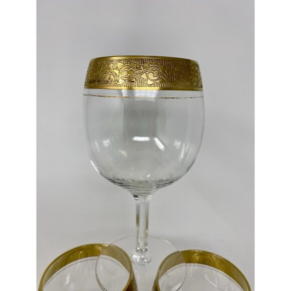 Set Of 6 Vintage MCM Double Gold Banded Wine Glasses Hexagonal Stems Plaza NYC - Picture 3 of 13